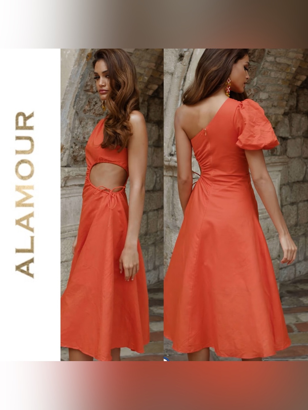 NWT Alamour The Label Morena Orange Cut Out Midi Dress Resortwear Wedding Guest - Picture 3 of 10